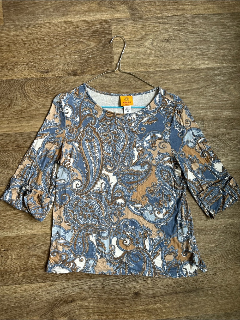 Ruby Rd. Petite Blue Brown Paisley 3/4 Sleeve‎ Knit Blouse Top Size PM